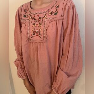 Max Studio Large Embroidered Peasant Blouse - Dusty Rose